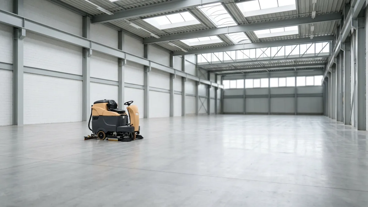 Industriehalle mit Scheuersaugmaschine auf gereinigtem Betonboden