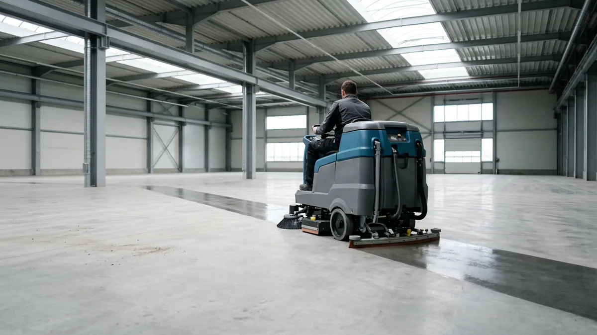 Scheuersaugmaschine reinigt den Betonboden einer Industriehalle